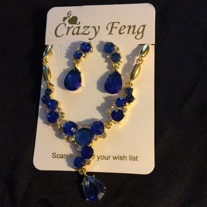 Gold-Color Necklace, Earrings Blue Stones